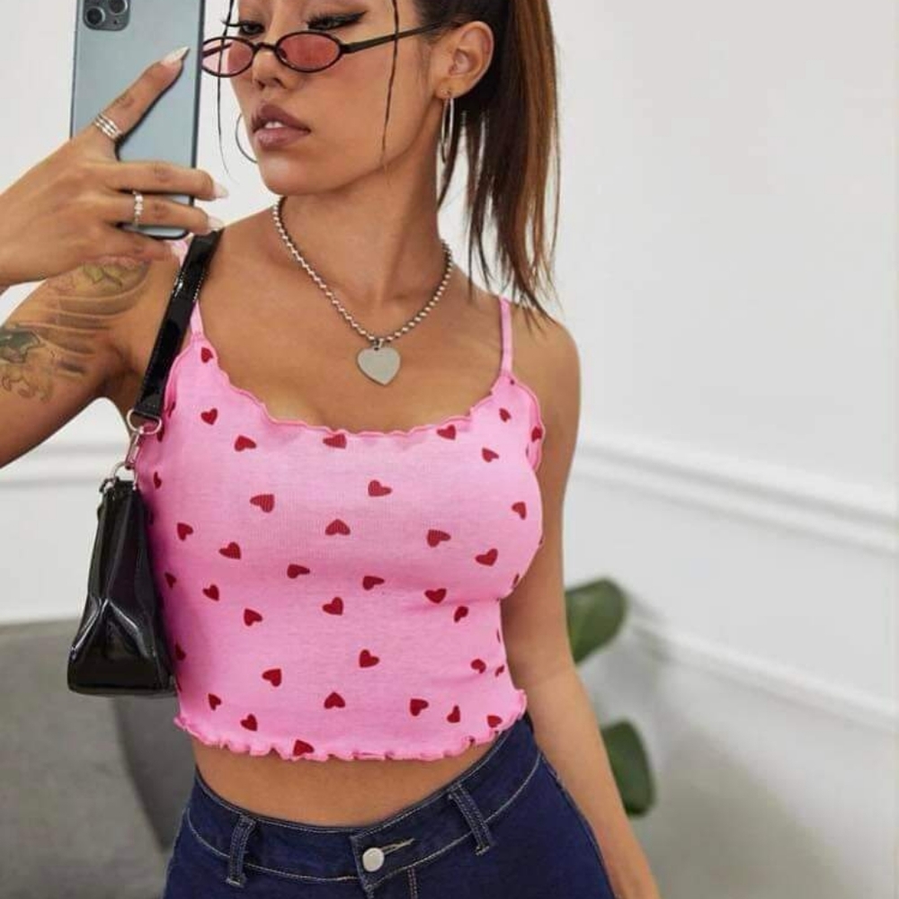 Pink Heart Patterned Crop Top